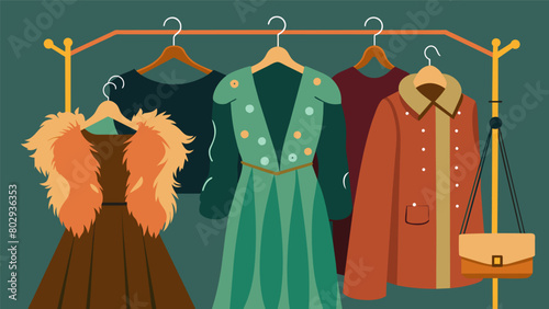 A vintage clothing rack featuring an array of velvet dresses faux fur coats and chunky statement jewelry.. Vector illustration