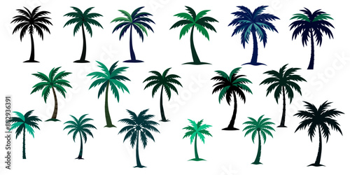 Tropical palm trees set silhouettes