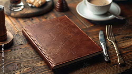 Rendering of a menu with a brown leather cover. photo