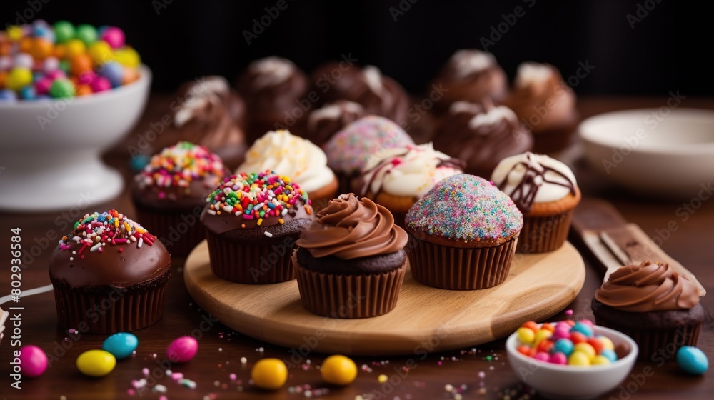 Chocolate cupcakes with colorful sprinkles on a table. Chocolate cupcakes with colorful sprinkles on a table.