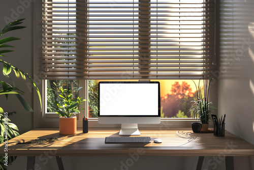 Modern designer desktop with a blank computer screen, and other items. Mockup © kanurism