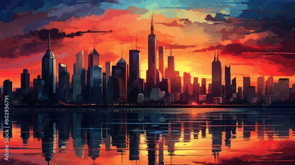 Skyline silhouettes watercolor illustration - Generative AI. Red, sunset, skyscraper, reflection, water.