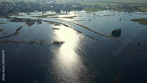Aerial view of the spring backwaters of the Narew River in Tykocin in podlasie on a sunny day.