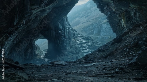 Cinematic image of hell's gates, hidden in a secluded cave beyond rugged terrain and deep valleys, capturing the essence of mythical entrances
