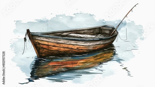 Sketch vector graphic colored drawing of a wooden boat with a fishing rod inside  floating on water.