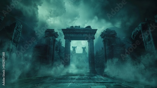 A powerful visual of Hades' entrance, where Cerberus looms large, the gates set against a backdrop of deep darkness and mystical fog, true to Greek mythology photo