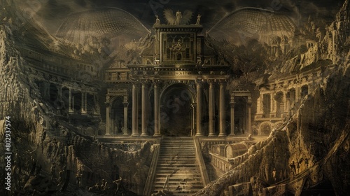 An ominous gateway to hell, directly from Dante's description in The Divine Comedy, with detailed engravings and a menacing welcome phrase