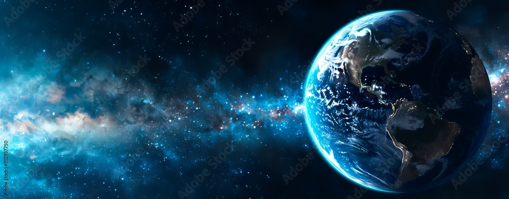 Obraz premium Beautiful planet Earth in space against the background of stars and galaxies, blue colors, banner format.