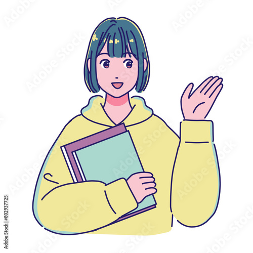 本を持つアニメ風の女子学生