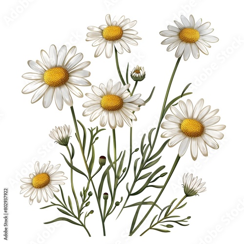  set of chamomile flowers and leaves on white background