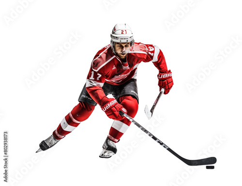 Intense hockey player in red mid-action on a white background, displaying focus and athletic skill. Generative AI
