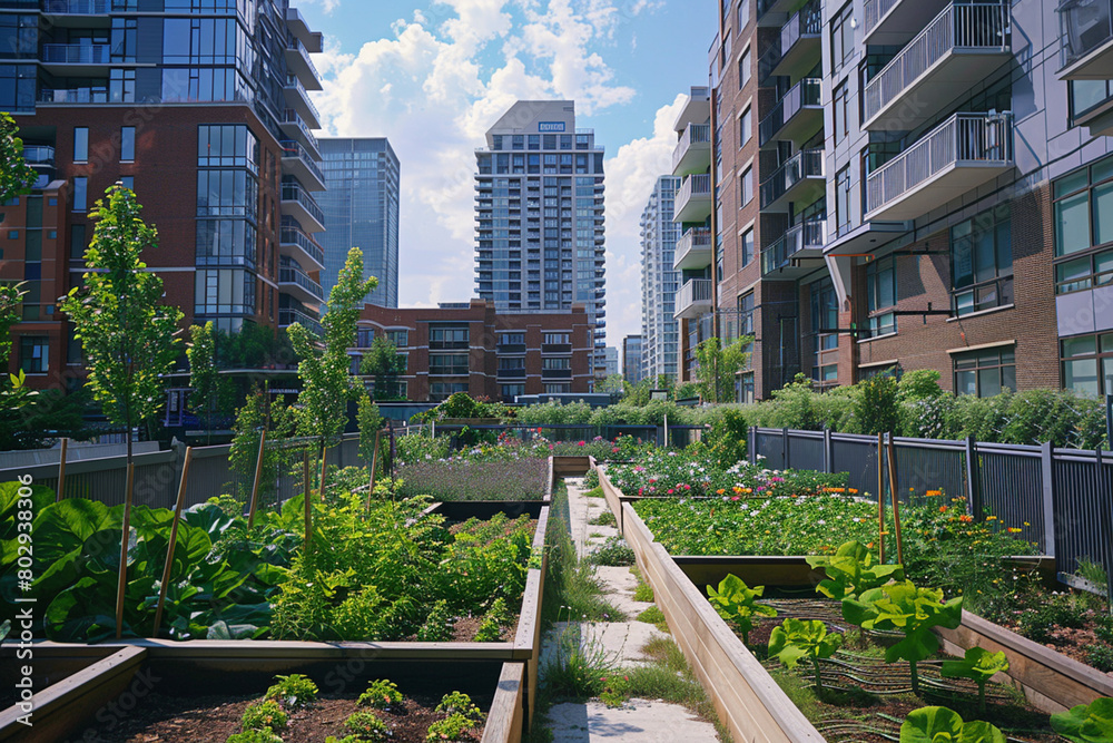 A photorealistic image of a community garden nestled amongst modern apartment buildings, showcasing urban green spaces.