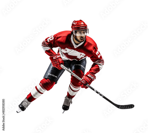 Intense hockey player in red mid-action on a white background, displaying focus and athletic skill. Generative AI