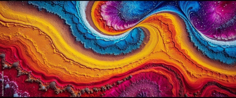A close-up of an abstract painting with vibrant colors of purple, blue, yellow, orange and red, with a swirling pattern that resembles a galaxy. A close-up of an abstract painting with vibrant colors of purple, blue, yellow, orange and red, with a swirling pattern that resembles a galaxy.