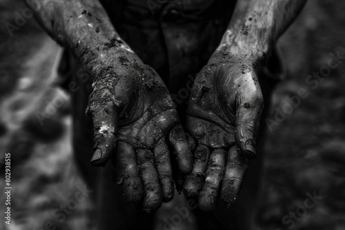 Working Hands. Mining Coal - Men at Work with Dirty Black Hands © AIGen