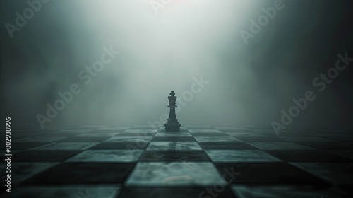 Lonely king on a chessboard in ethereal mist