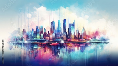 Tech hub watercolor illustration - Generative AI. Colorful  panoramic  cityscape  skyscraper.