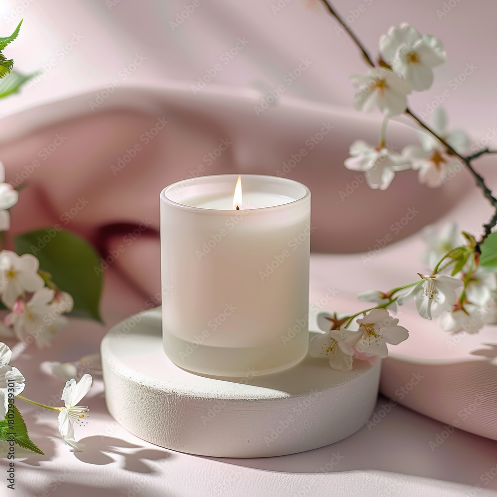 A beautiful lit candle with cherry blossoms.