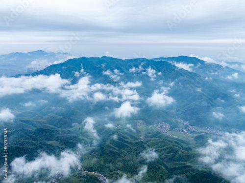 Aerial photography of mountain wind farm clouds and fog © hrui
