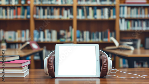 Tablet with headphones and books on a table in a library.