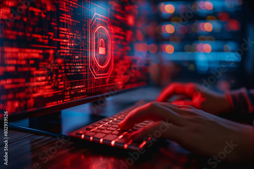  Close up of hand working on computer in dark background. lock icon show on computer screen. Cyber security concept.