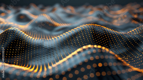 Dynamic 3d digital waves with orange glowing particles on a dark background, symbolizing connectivity and data flow © Michael