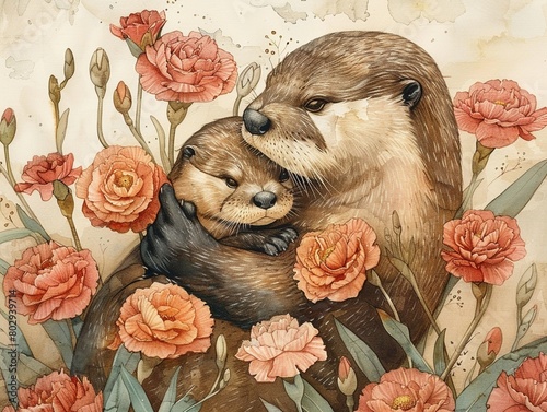 Heartfelt watercolor of a vintage otter with her son surrounded by carnations, in bright pastels, celebrating matriarchal bonds photo