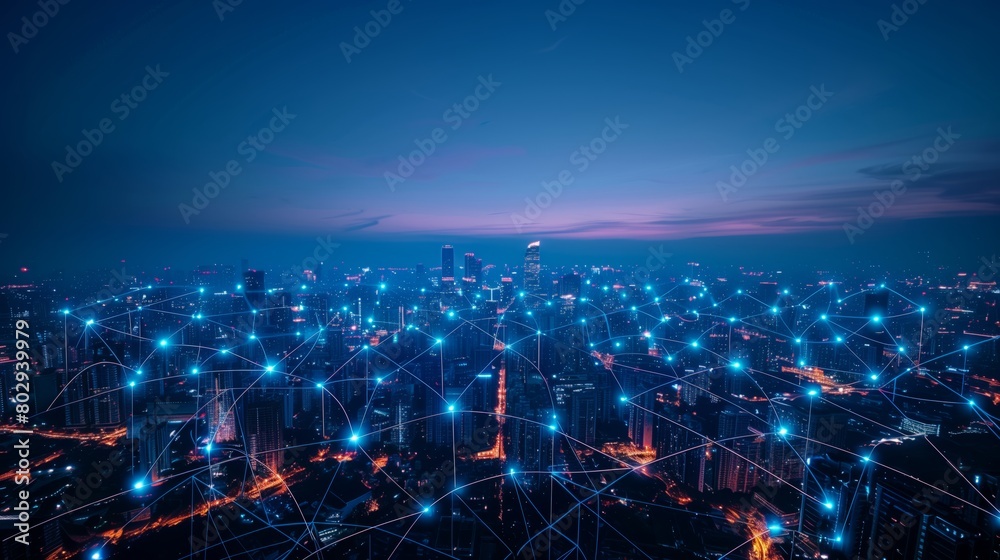 Obraz premium cloud network linking growing above urban city, Generative AI