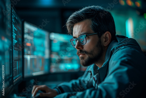 Cyber security concept. Young man hacker in glasses working on a computer.