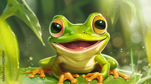 Close-up of a vibrant cartoon frog in a lush green environment © volga
