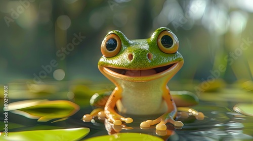 Smiling green frog sitting on lily pads in a sunny pond