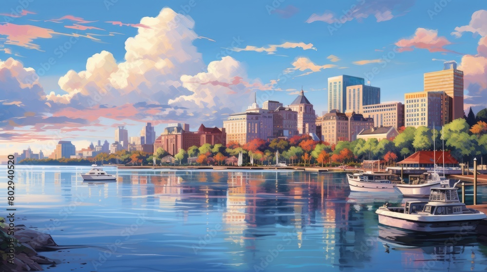 Naklejka premium Waterfront charm watercolor illustration - Generative AI. Water, harbor, boat, tree, building.