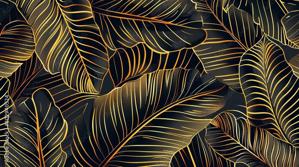 Wallpaper featuring tropical leaves, with luxury golden banana leaf line art design, suitable for fabric, prints, covers, banners, and invitations.