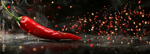 Explosive chili pepper with dynamic red spice burst on dark background photo