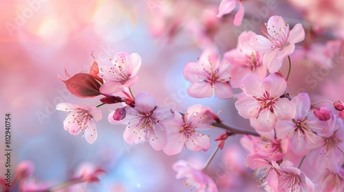 Cherry blossom branch with delicate pink flowers on dreamy background