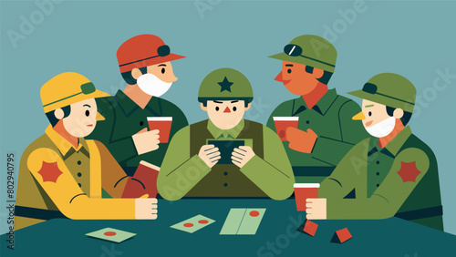 A group of men playing a game of cards showcasing the leisure activities soldiers engaged in during downtime.. Vector illustration