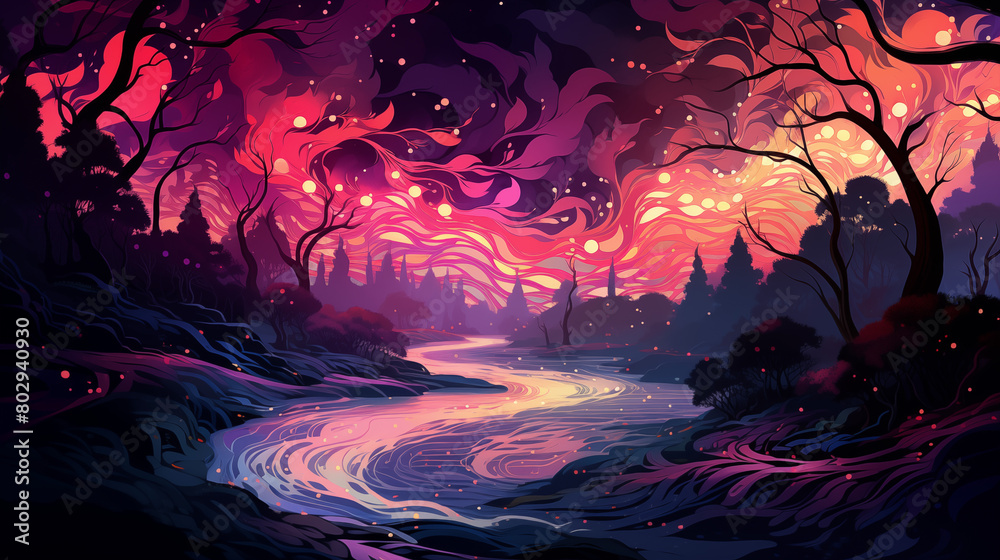 Vibrant Enchanted Forest Landscape with River Art Vibrant Enchanted Forest Landscape with River Art