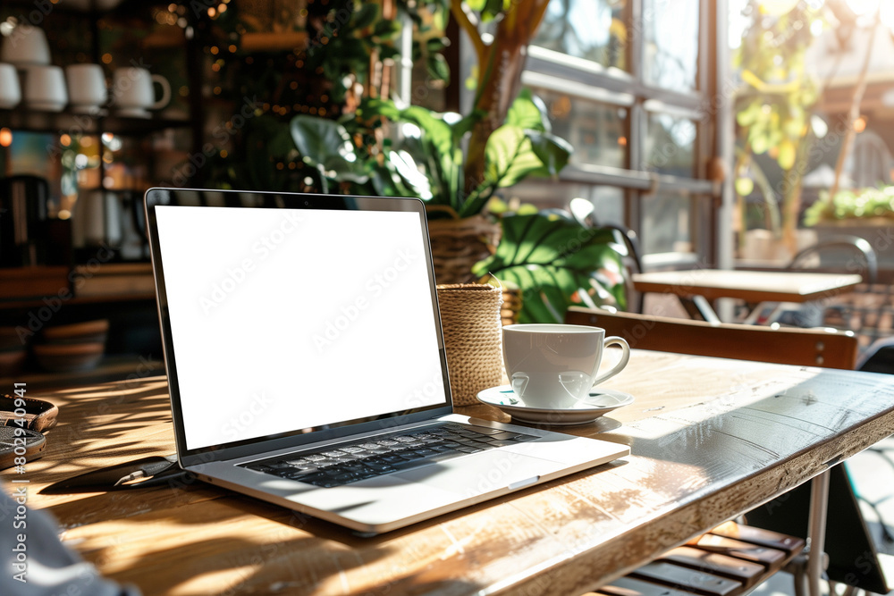 Laptop with blank screen on wooden table in coffee shop cafe. Laptop with blank screen on wooden table in coffee shop cafe.