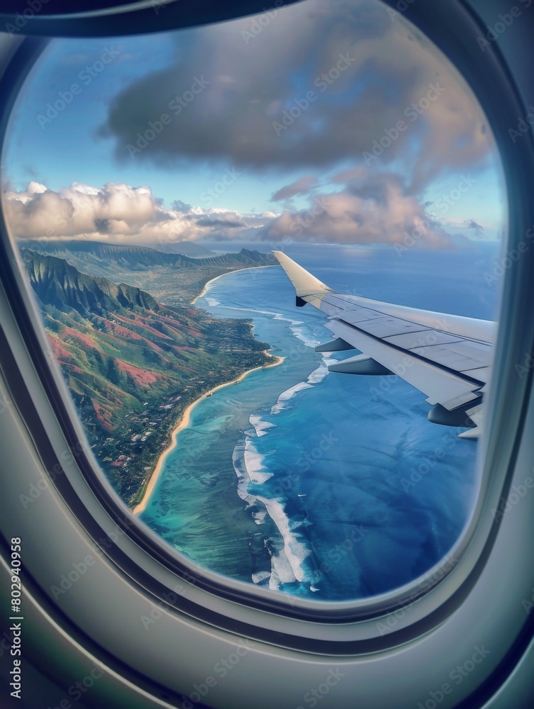Beautiful view of sea through the aircraft window. Airplane window. Concept of travel and air transportation Beautiful view of sea through the aircraft window. Airplane window. Concept of travel and air transportation