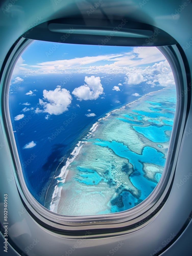 Beautiful view of sea through the aircraft window. Airplane window. Concept of travel and air transportation