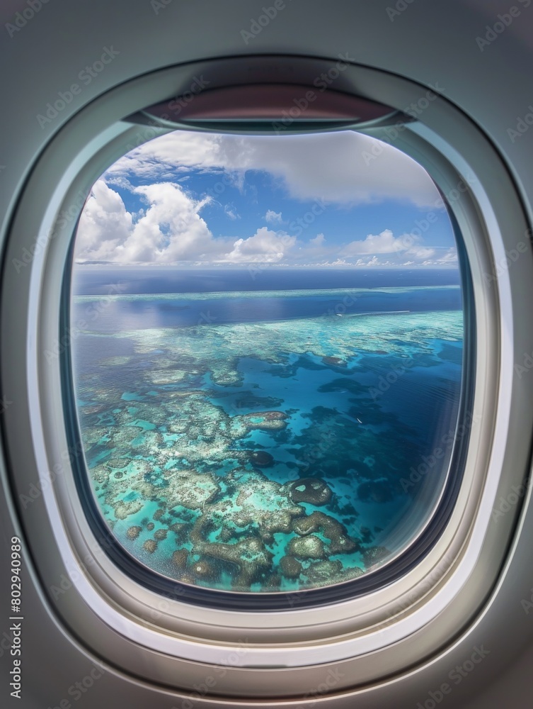 Beautiful view of sea through the aircraft window. Airplane window. Concept of travel and air transportation Beautiful view of sea through the aircraft window. Airplane window. Concept of travel and air transportation
