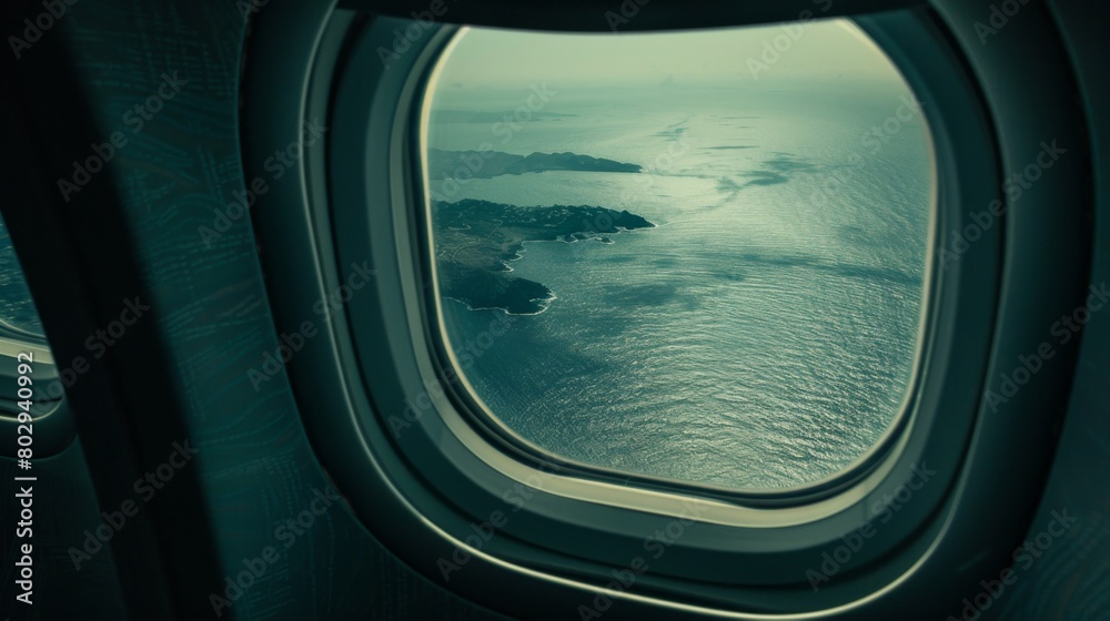 Beautiful view of sea through the aircraft window. Airplane window. Concept of travel and air transportation Beautiful view of sea through the aircraft window. Airplane window. Concept of travel and air transportation