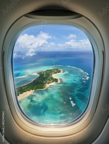 Beautiful view of sea through the aircraft window. Airplane window. Concept of travel and air transportation © Vladimir