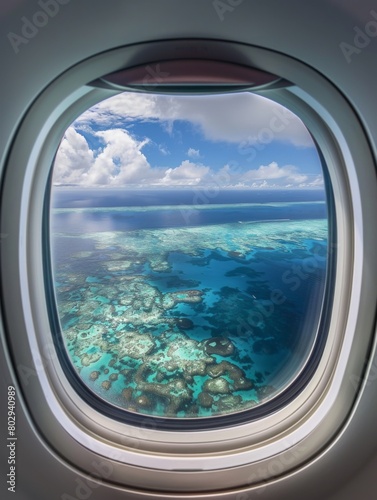 Beautiful view of sea through the aircraft window. Airplane window. Concept of travel and air transportation © Vladimir