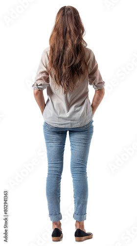 Casual Style Young Woman in Beige Blouse and Jeans, Back View Isolated on Transparent Background