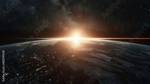 Majestic sunrise over earth from space with starry background