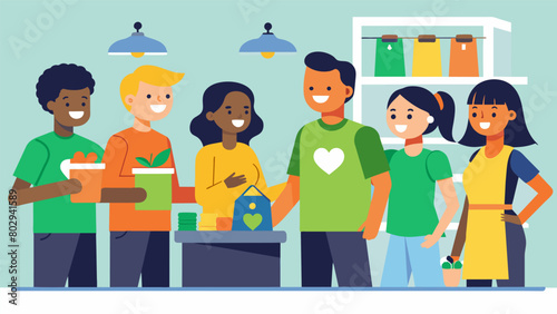 Smiling volunteers assisting customers in finding the perfect bargain at the thrift store.. Vector illustration