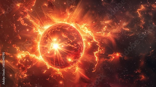 Fiery cosmic explosion with vibrant planet and stars