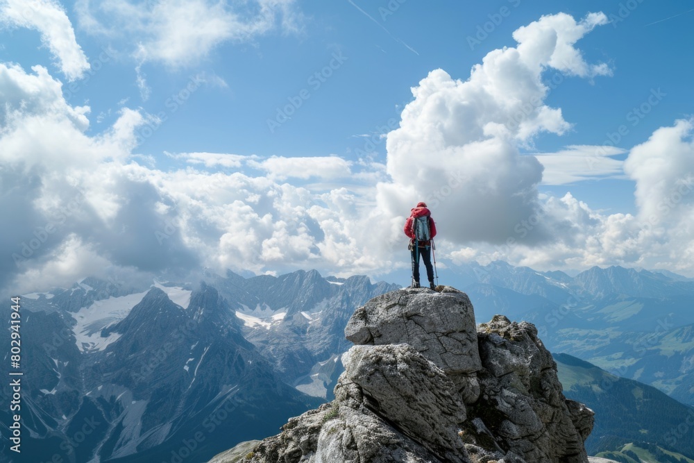 Mountains People. Adventure Hiking to Rocky Summit in the Alps Landscape
