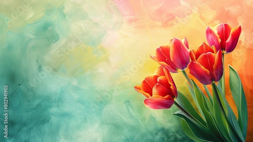 Vibrant tulips against a colorful abstract background